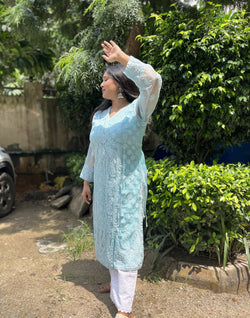 Organza Light Blue Chikankari Kurti (Inner attached)