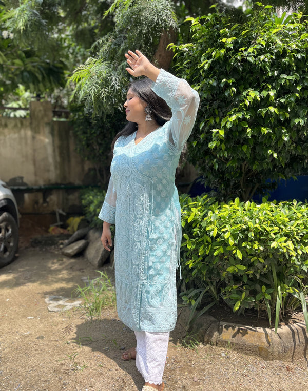 Organza Light Blue Chikankari Kurti (Inner attached)
