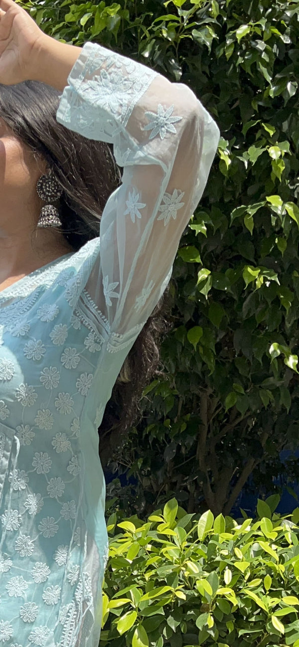 Organza Light Blue Chikankari Kurti (Inner attached)