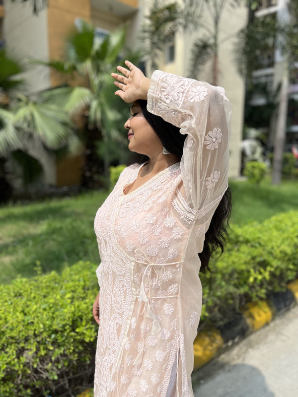 Organza Light Pink Chikankari Kurti (Inner attached)