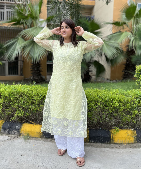 Chikankari lime Organza Kurti (Inner attached)