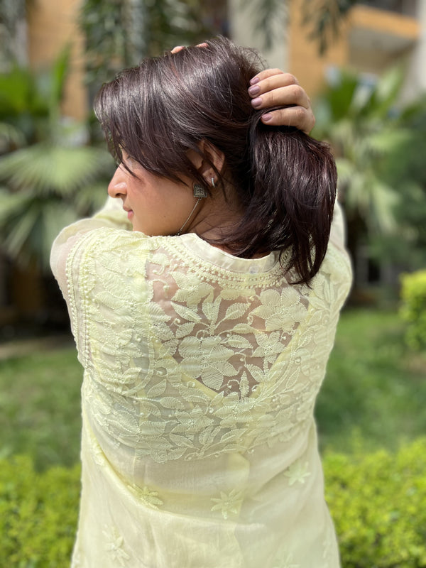 Chikankari lime Organza Kurti (Inner attached)