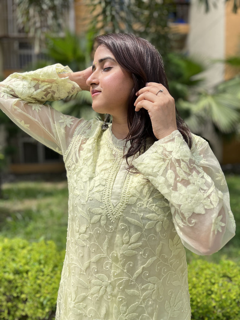 Chikankari lime Organza Kurti (Inner attached)