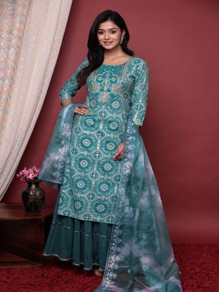 Teal Blue Muslin Skirt Suit Set