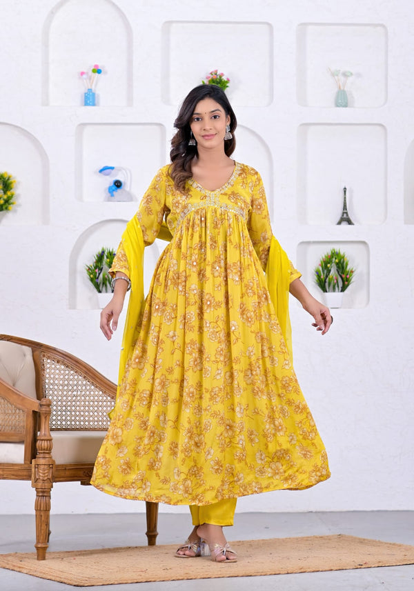 Yellow Floral Chinnon Suit Set