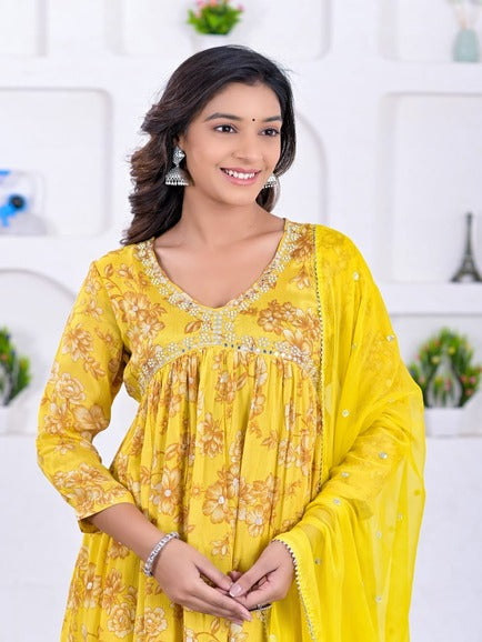 Yellow Floral Chinnon Suit Set