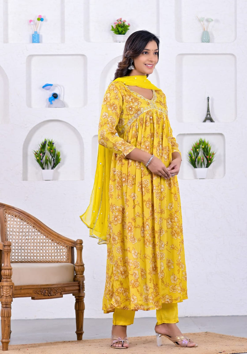 Yellow Floral Chinnon Suit Set