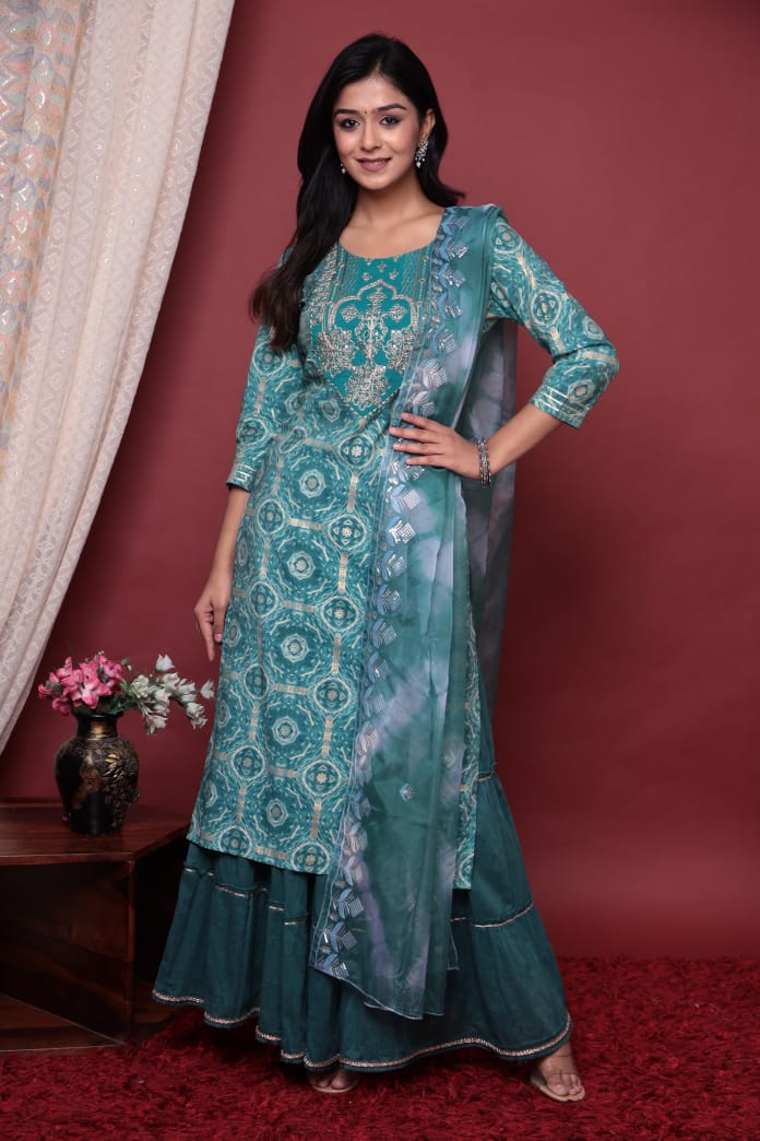 Teal Blue Muslin Skirt Suit Set