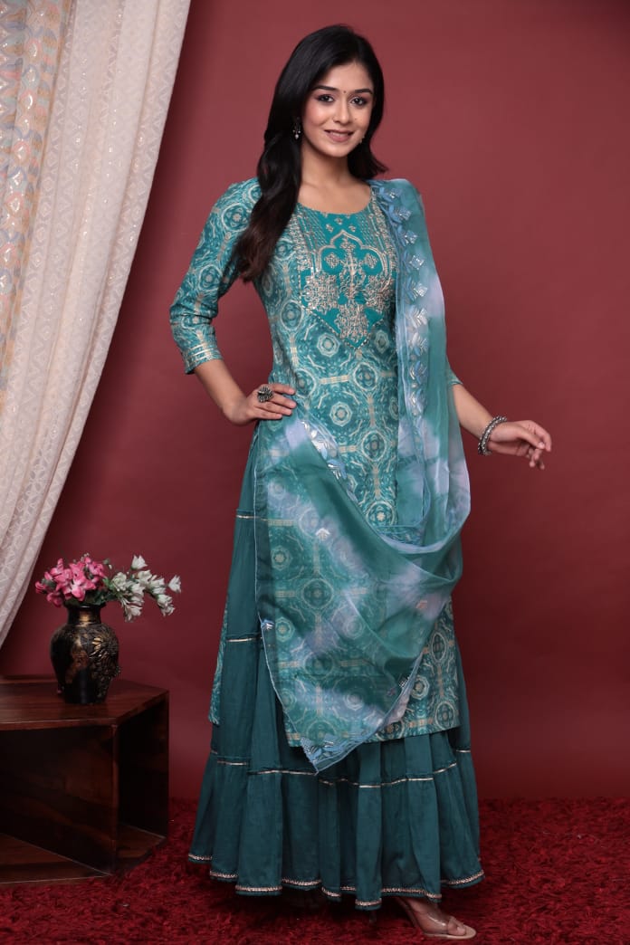 Teal Blue Muslin Skirt Suit Set