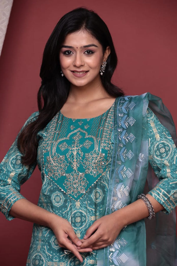 Teal Blue Muslin Skirt Suit Set