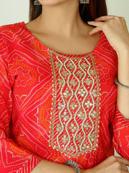 Red Lehariya Muslin suit set