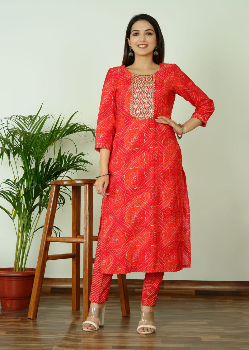 Red Lehariya Muslin suit set