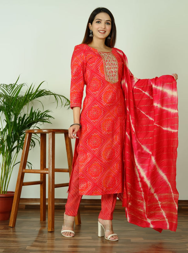 Red Lehariya Muslin suit set