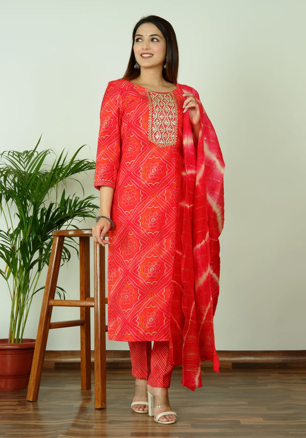 Red Lehariya Muslin suit set
